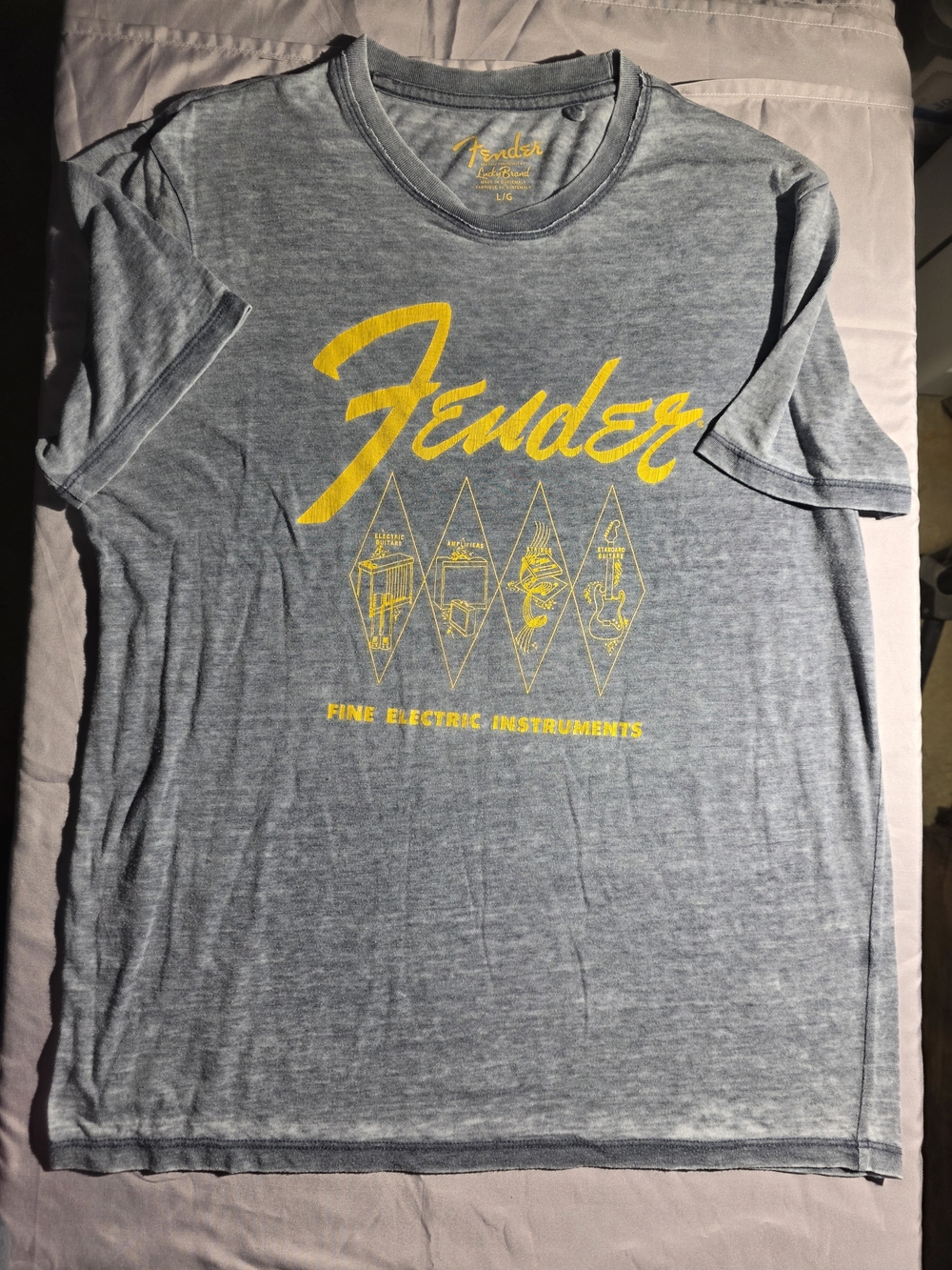 Vintage Lucky Brand Heather Gray Short Sleeve Tee with Yellow Fender Logo